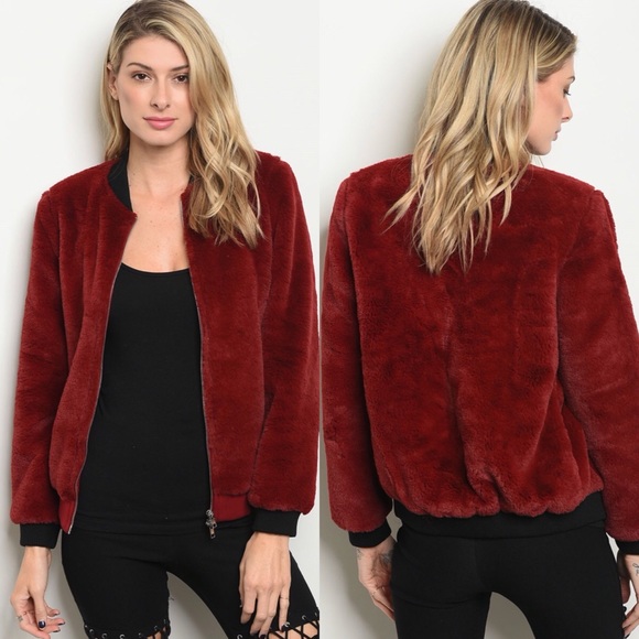 red fur bomber jacket